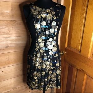 Ruby Belle size 4 gold, blue, black shiny dress zipper back